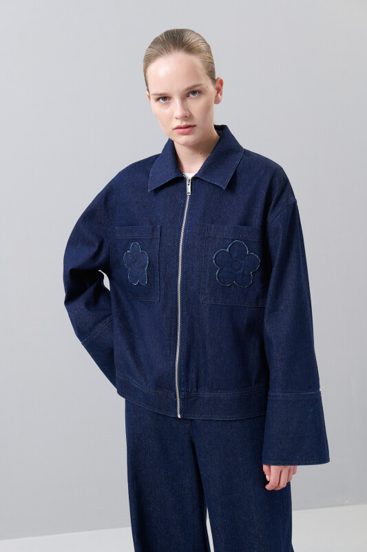 Önden Fermuarlı İki Cepli Denim Ceket Lacivert - Roman