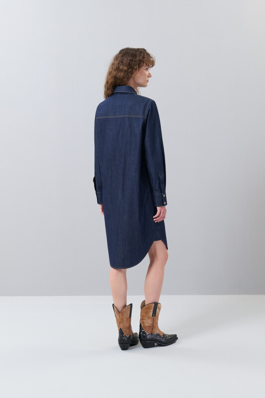 Yakası Bağlama Detaylı Denim Elbise Lacivert - Roman (1)