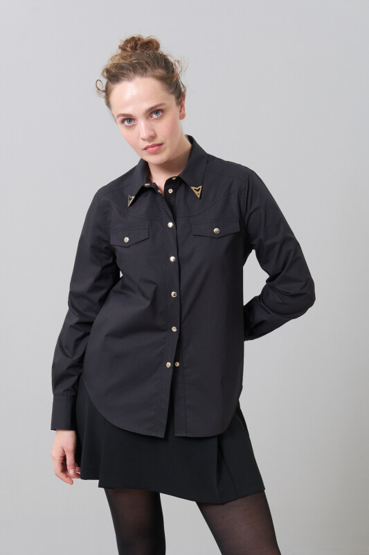 Çıtçıtlı Poplin Gömlek Siyah - Roman