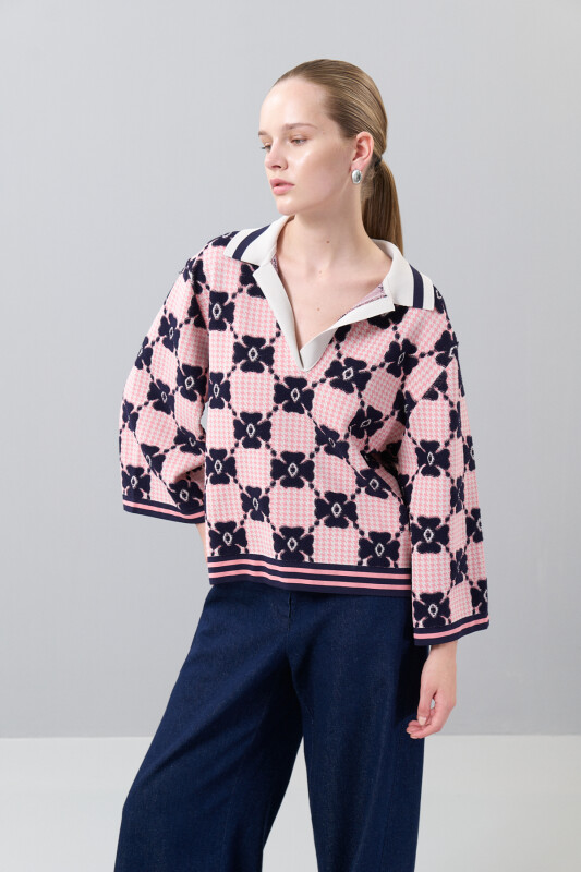Polo Yaka Triko Lacivert-Pembe - Roman