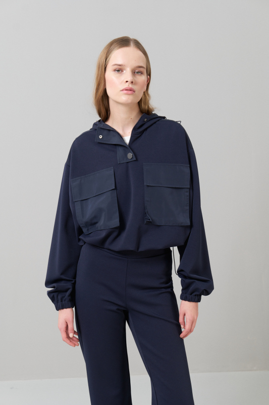 Beli Büzgülü Örme Sweatshirt Lacivert - Roman