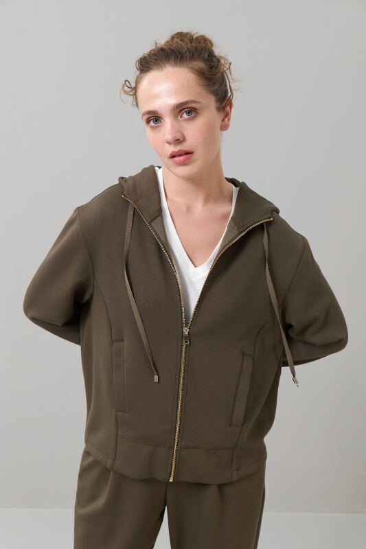 Örme Kapüşonlu Sweatshirt Haki - Roman