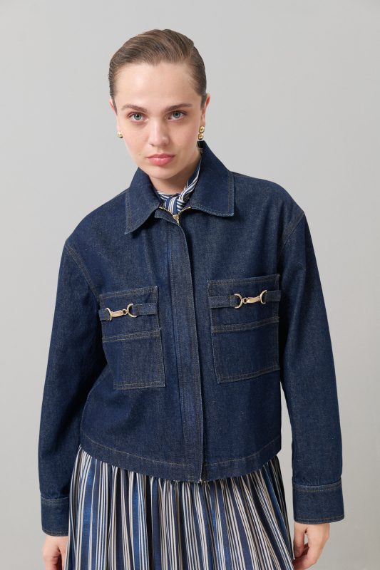 Fermuarlı Denim Ceket Lacivert - Roman
