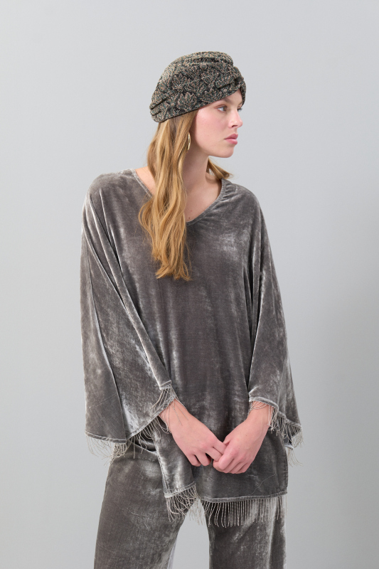 Kadife V Yaka Kaftan Gri - Roman