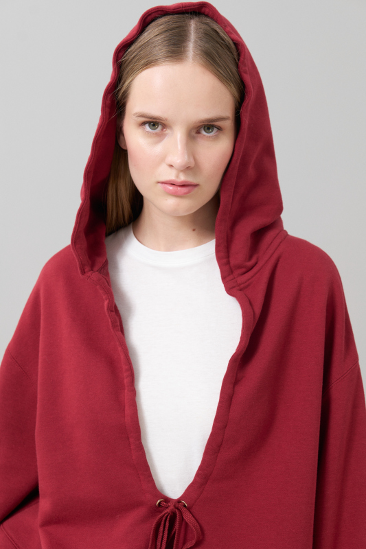 Kapüşonlu Örme Sweatshirt Bordo - 3