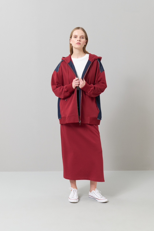 Fermuarlı Denim Sweatshirt Bordo - Roman