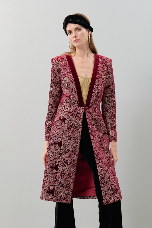 İşlemeli Kadife Kaftan Bordo - Roman