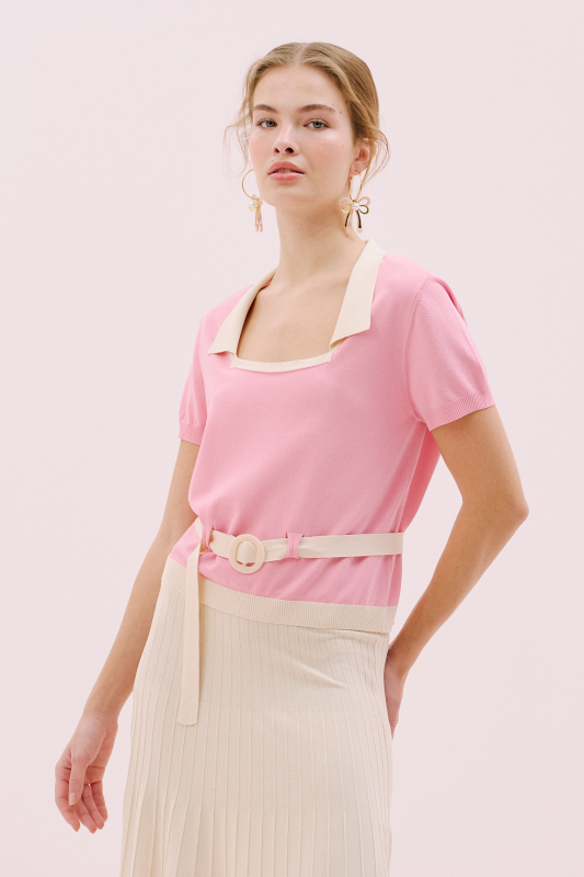 Kare Yaka Beli Kemerli Triko Bluz Pembe- Ekru - Roman