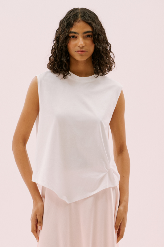 Asimetrik Kesim Kolsuz T-shirt Beyaz - Roman