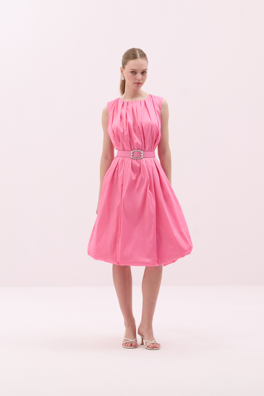 Tafta Beli Kemerli Midi Boy Balon Elbise Pembe - Roman