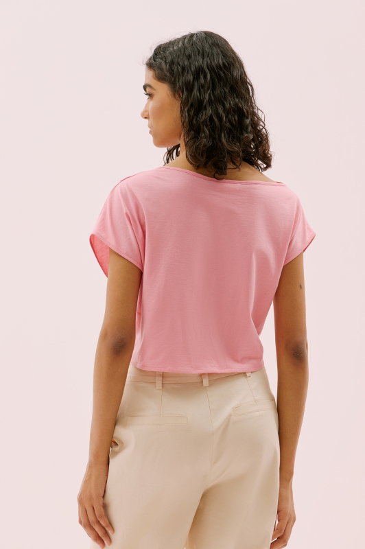 Omuzu Pili Detaylı Belden Bağlamalı T-Shirt Pembe - Roman (1)