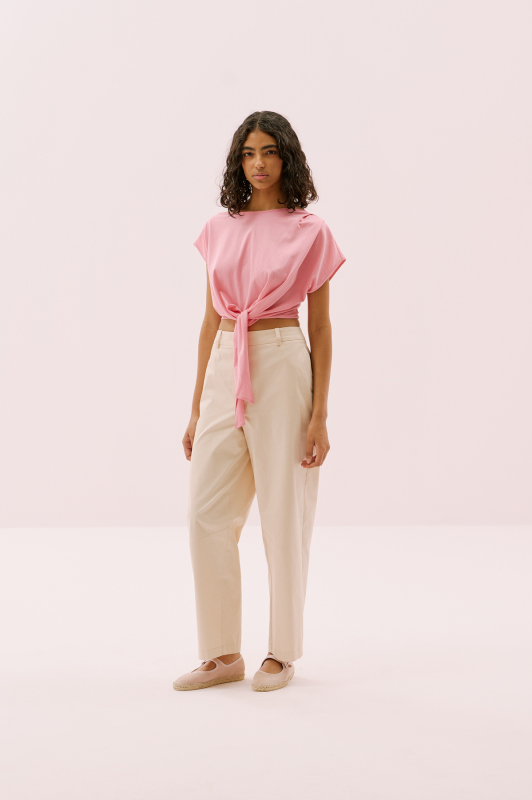 Omuzu Pili Detaylı Belden Bağlamalı T-Shirt Pembe - 4