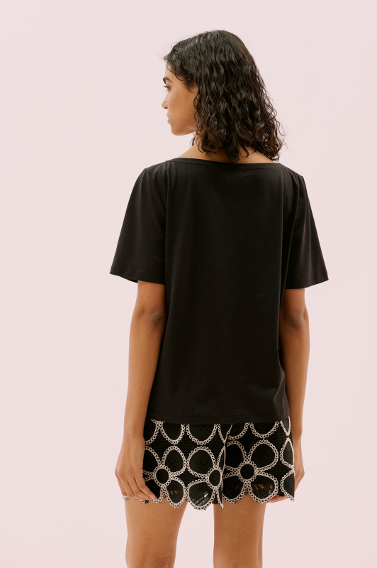 Kayık V Yaka Kısa Kol T-Shirt Siyah - Roman (1)