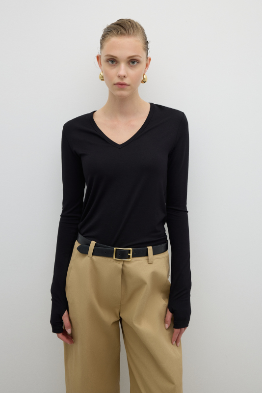 V Yaka Uzun Kol Basic T-shirt Siyah - Roman