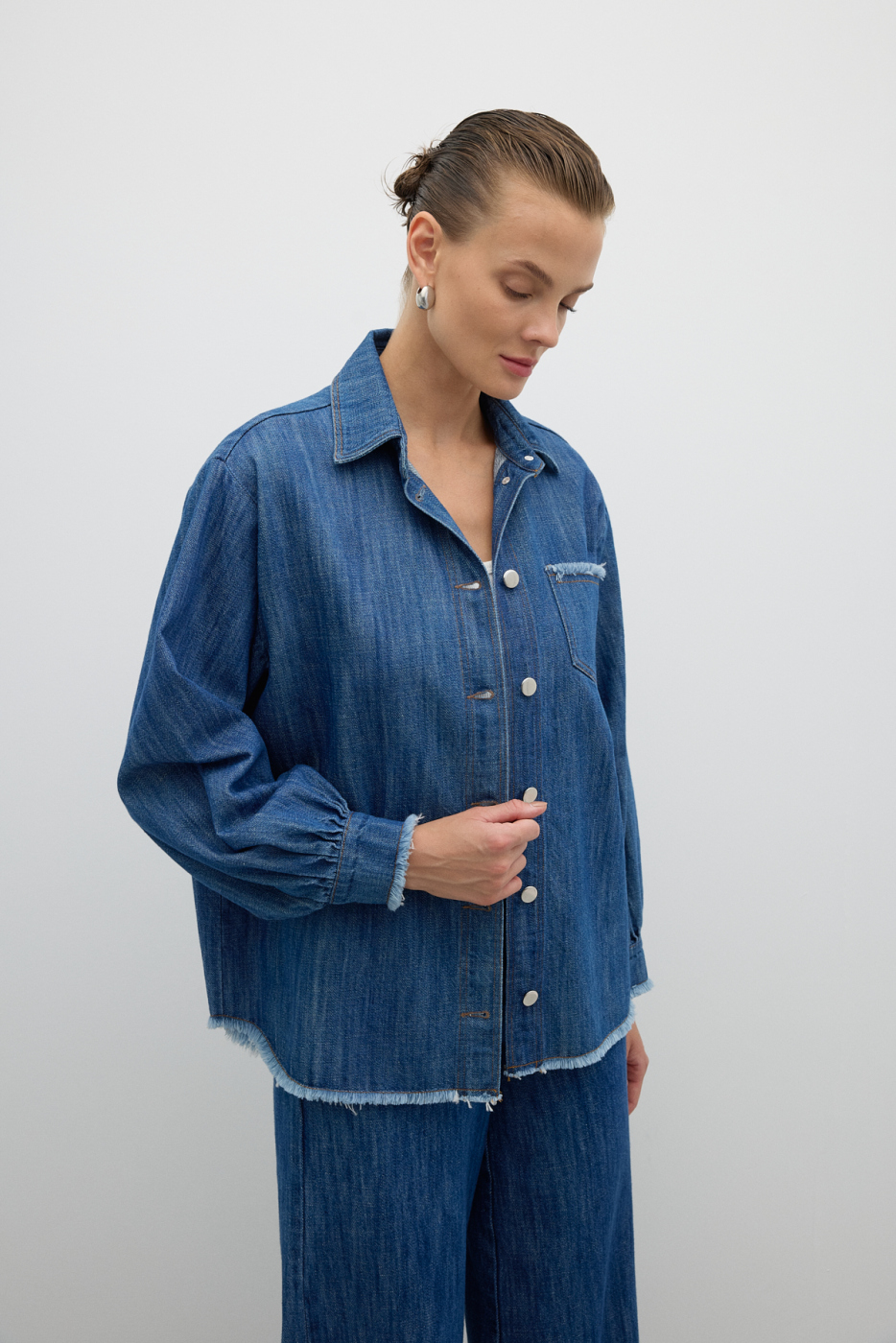 Tek Cepli Düğmeli Denim Gömlek İndigo - 3