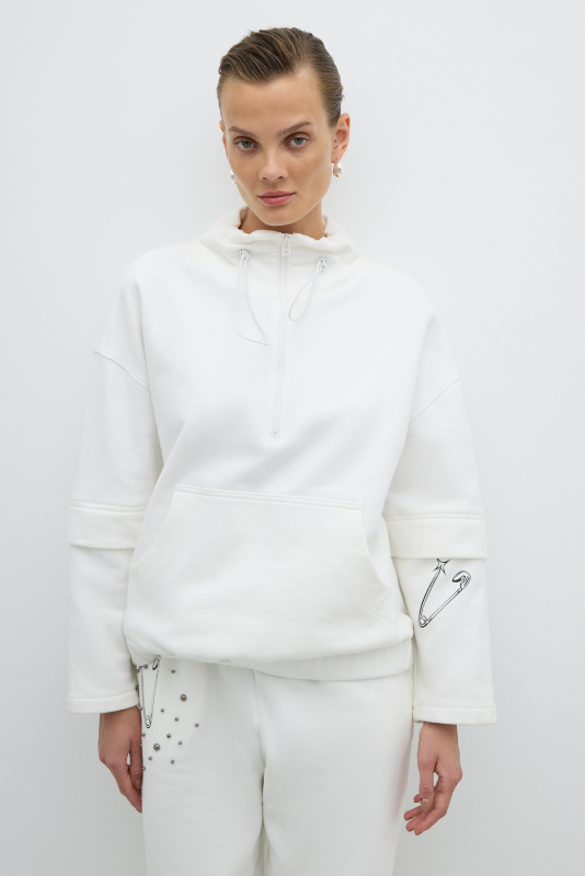 Dik Yaka Fermuarlı Trok Detaylı Sweatshirt Beyaz - Roman
