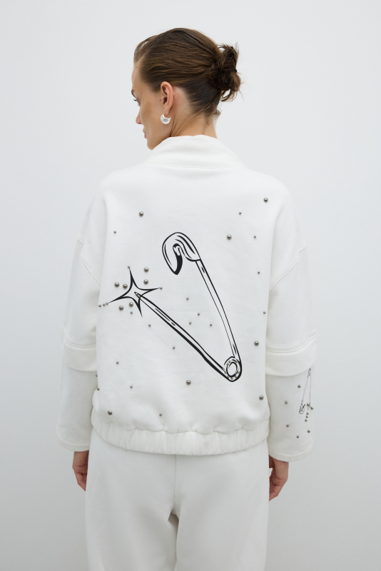 Dik Yaka Fermuarlı Trok Detaylı Sweatshirt Beyaz - Roman (1)
