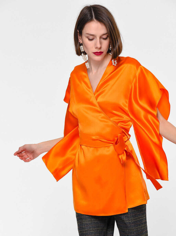%100 İpek Kuşaklı Bluz Oranj - 2