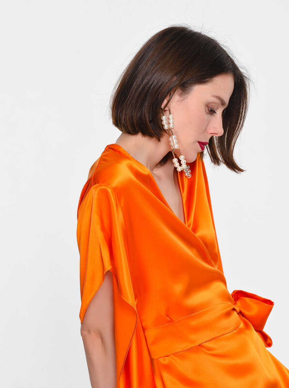 %100 İpek Kuşaklı Bluz Oranj - 3