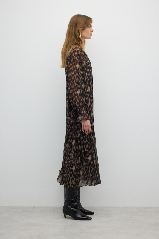 Leopar Desenli Midi Boy Elbise Standart Renk - 4