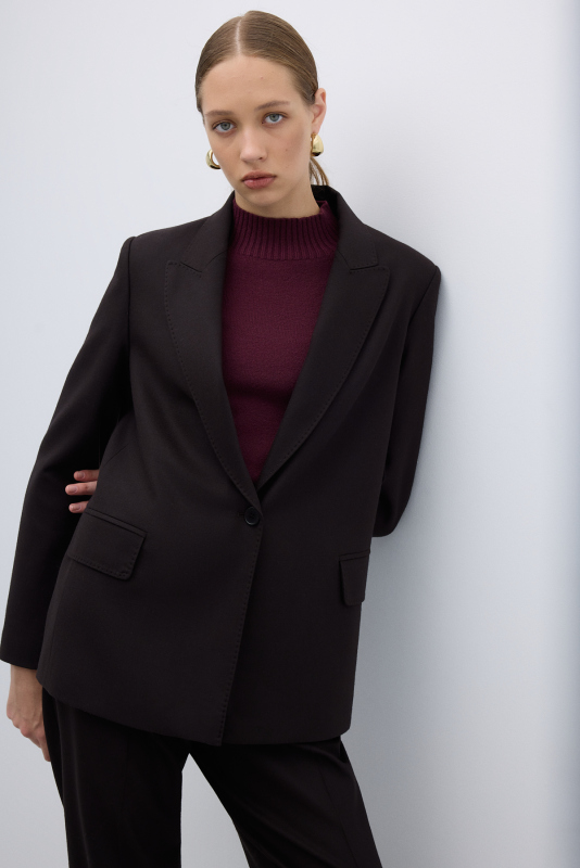 Punto Dikişli Tek Düğmeli Blazer Ceket Kahve - 4