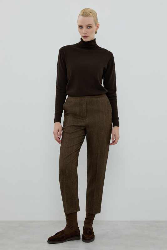 Yün Karışımlı Beli Lastikli Düz Paça Pantolon Kahve - 3