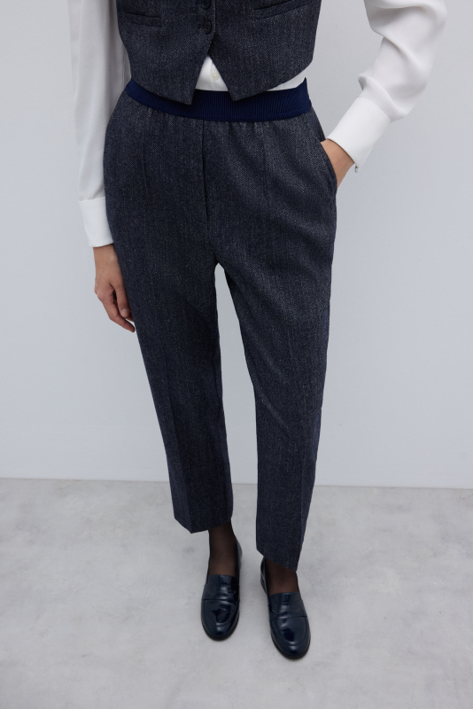Yün Karışımlı Beli Lastikli Düz Paça Pantolon Lacivert - 3
