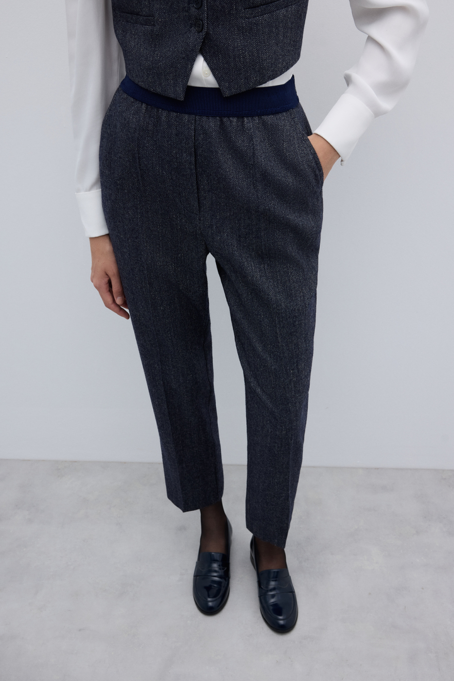 Yün Karışımlı Beli Lastikli Düz Paça Pantolon Lacivert - 3