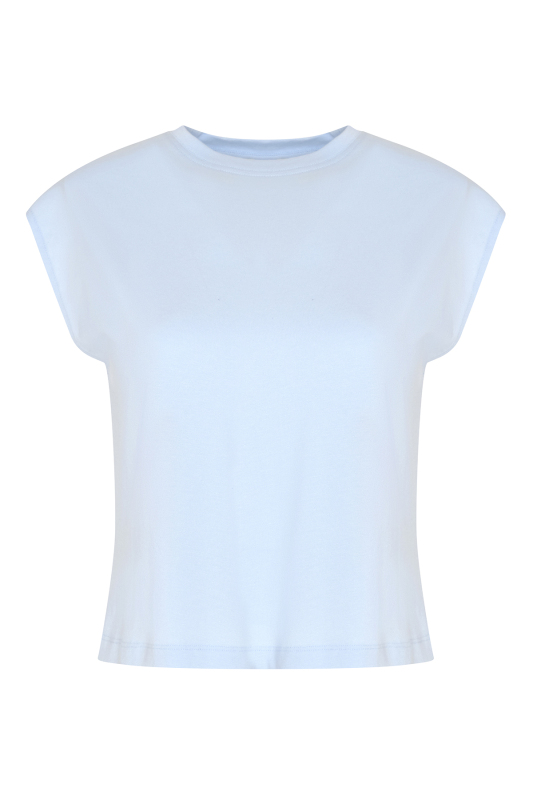 Düşük Omuzlu Bisiklet Yaka T-shirt Mavi - 5