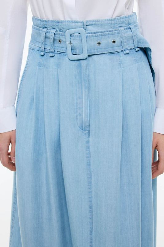 Beli Kemerli Midi Boy Denim Etek Mavi - 4