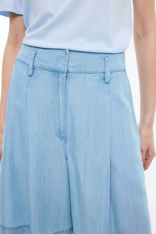 Pileli Denim Bermuda Pantolon Mavi - 3