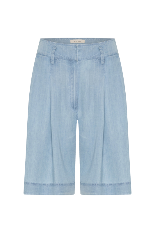 Pileli Denim Bermuda Pantolon Mavi - 4