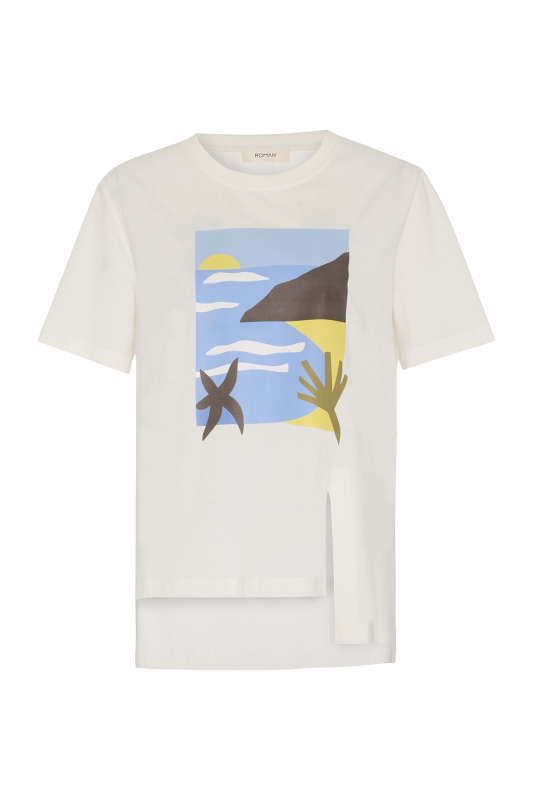 Yırtmaç Detaylı Baskılı T-shirt Ekru - 5