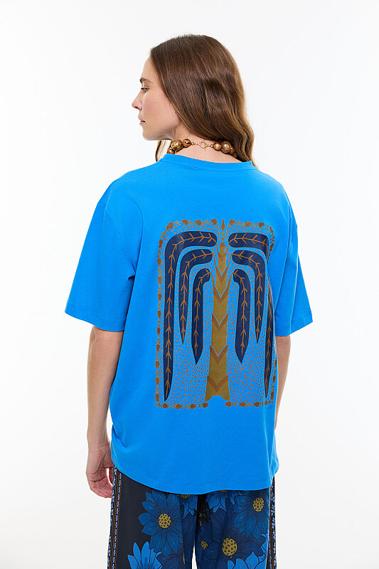 Sırt Baskılı Asimetrik T-shirt Turkuaz - Roman (1)