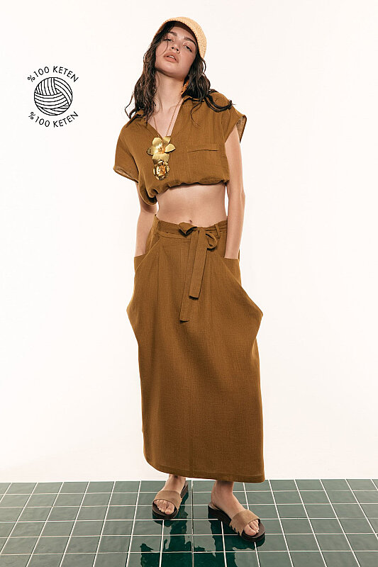 Cep Detaylı Keten Etek Olive - 1