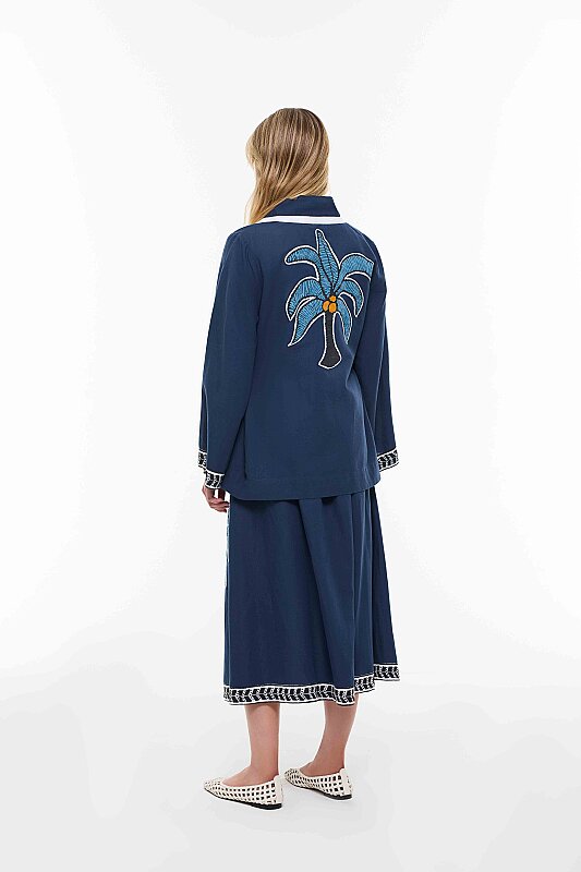Sırt Detaylı Keten Garnili Kimono Lacivert - Roman (1)