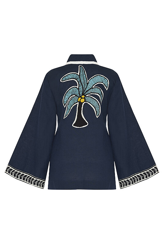 Sırt Detaylı Keten Garnili Kimono Lacivert - 5