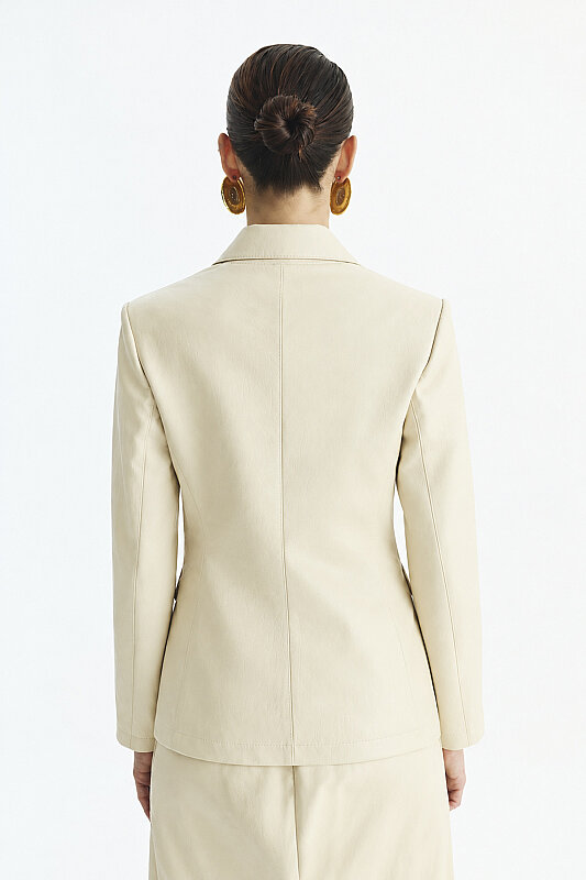 Tek Çıtçıtlı Deri Blazer Ceket Krem - Roman (1)