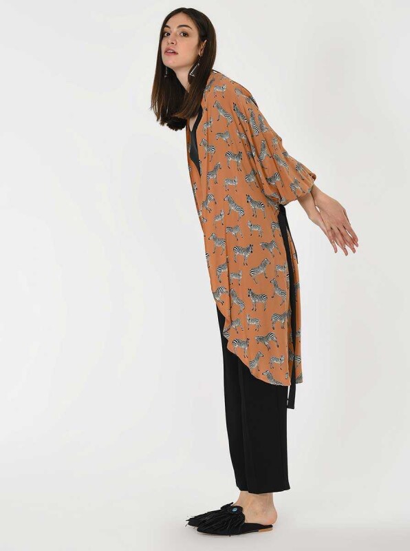 Zebra Desenli Kuşaklı Kimono Standart Renk - 3