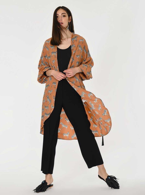 Zebra Desenli Kuşaklı Kimono Standart Renk - 4