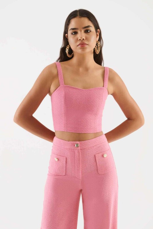 Fermuar Detaylı Askılı Bluz Pembe - 1