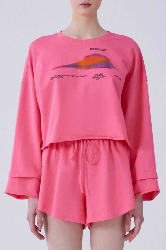 Desenli Crop Sweatshirt Pembe - Roman