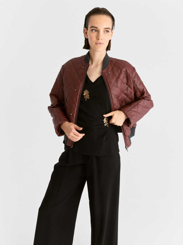 Bomber Metal Detaylı Kadın Ceket Bordo - 4