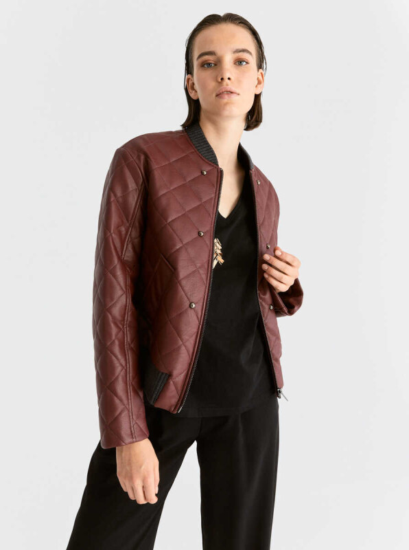 Bomber Metal Detaylı Kadın Ceket Bordo - 1