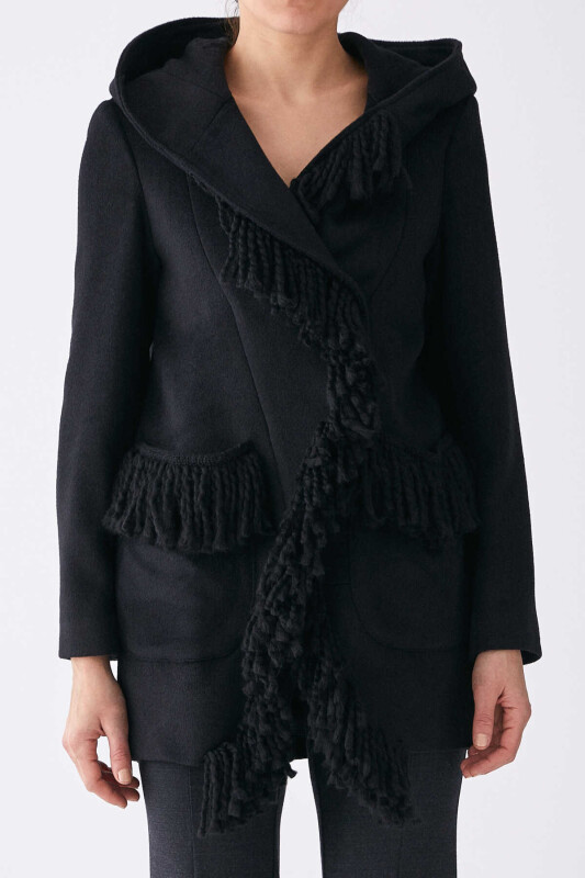 Hooded Tassel Womens Coat Black - Roman