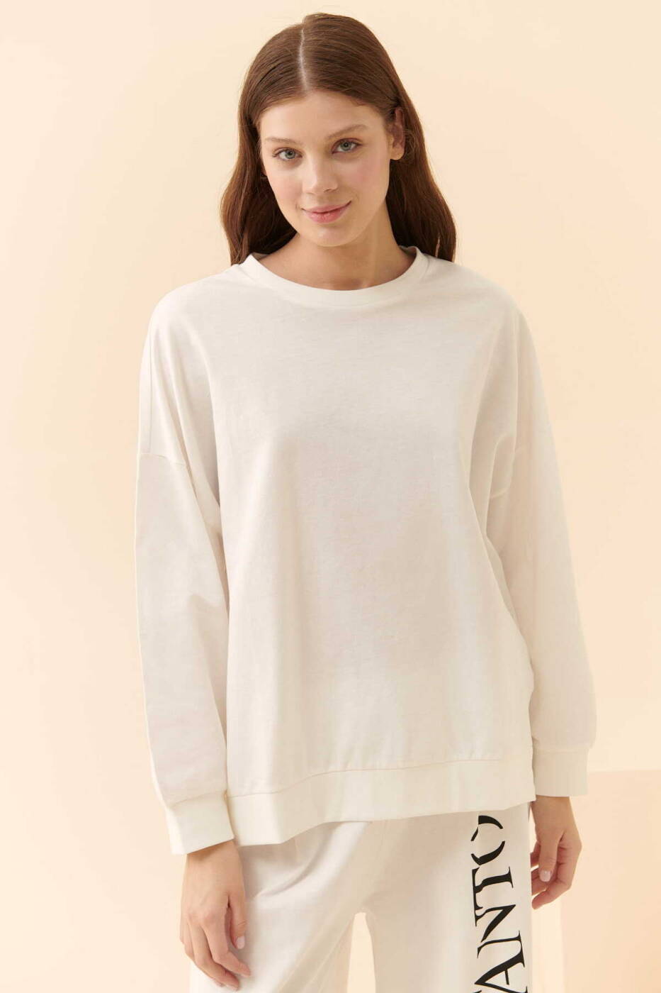  Oversize Fafanto Yazı Baskılı Sweatshirt Ekru - 1