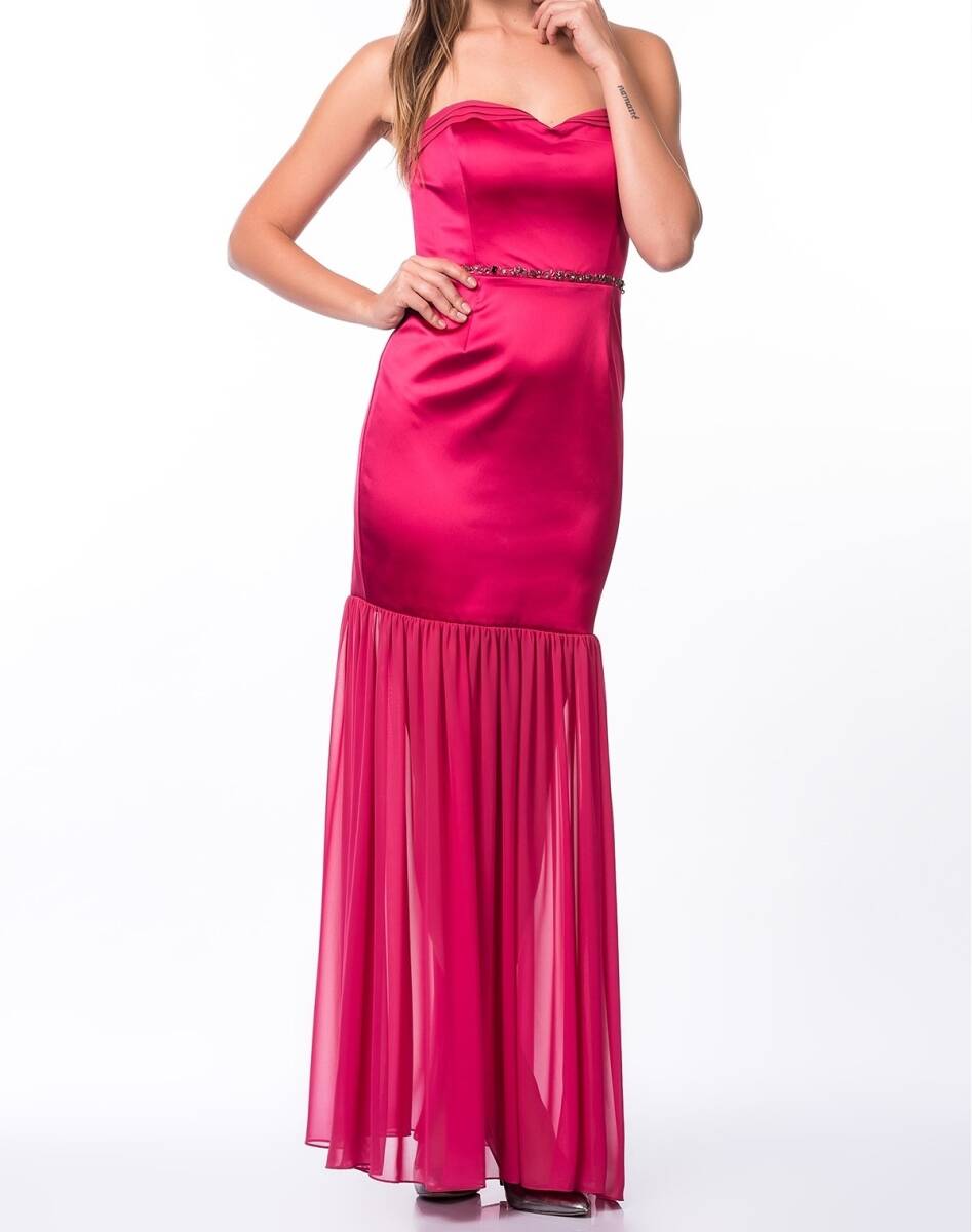 Straplez Taşlı Tül Detaylı Uzun Elbise Fuşya - 1
