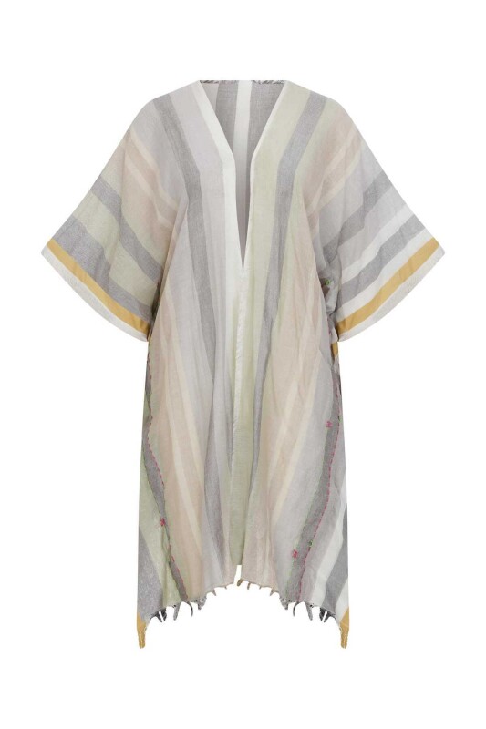 Püsküllü Çizgi Desenli Kimono Standart Renk - 4
