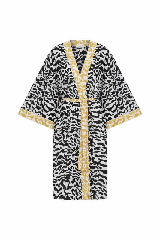 Kuşaklı Zebra Desenli Kimono Standart Renk - 3
