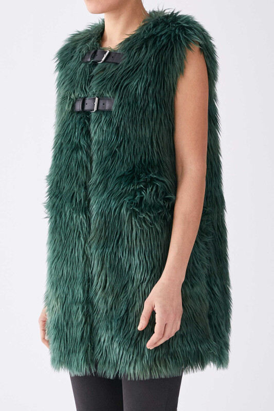  Tüylü Kadın Yelek Yeşil - 3